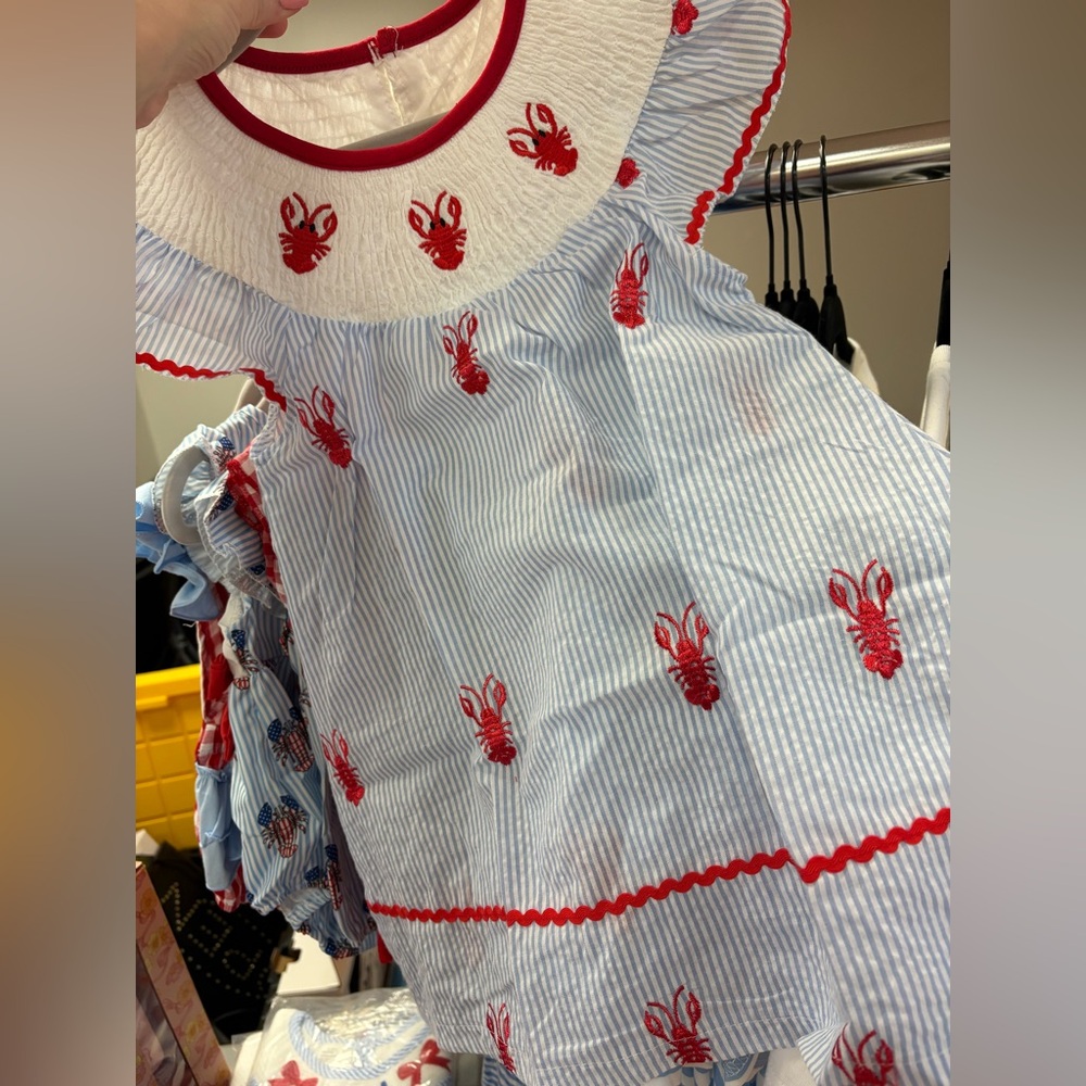Blue & White Striped Dress with Red Lobster Embroidery
